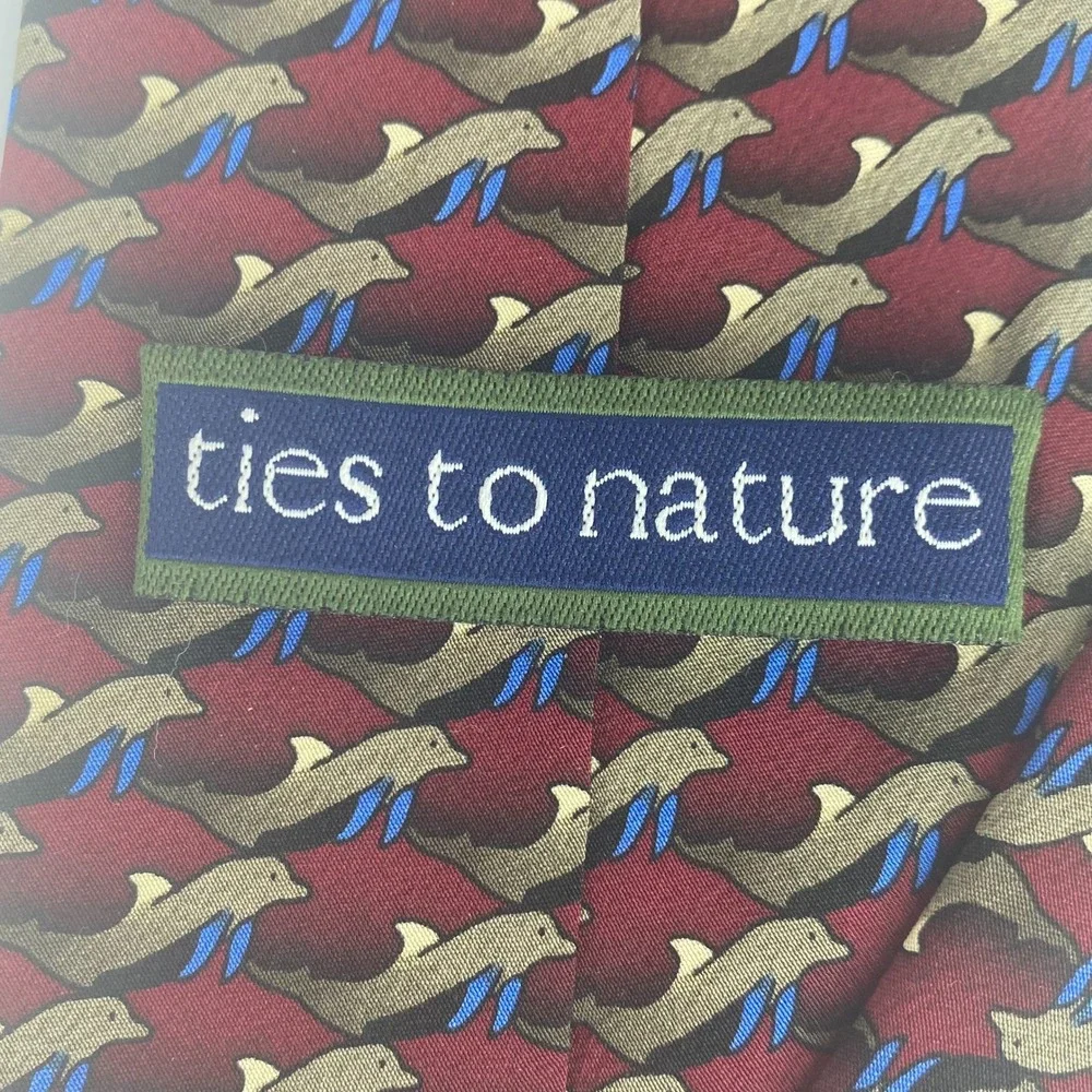 Ties to Nature Mens Neck Tie Burgundy Dolphin Porpoise Pattern Novelty Silk 59x4